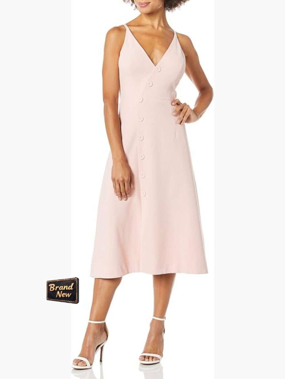 Sleeveless Fit & Flare Midi Dress with Faux Button Front - V-Neck Spaghetti